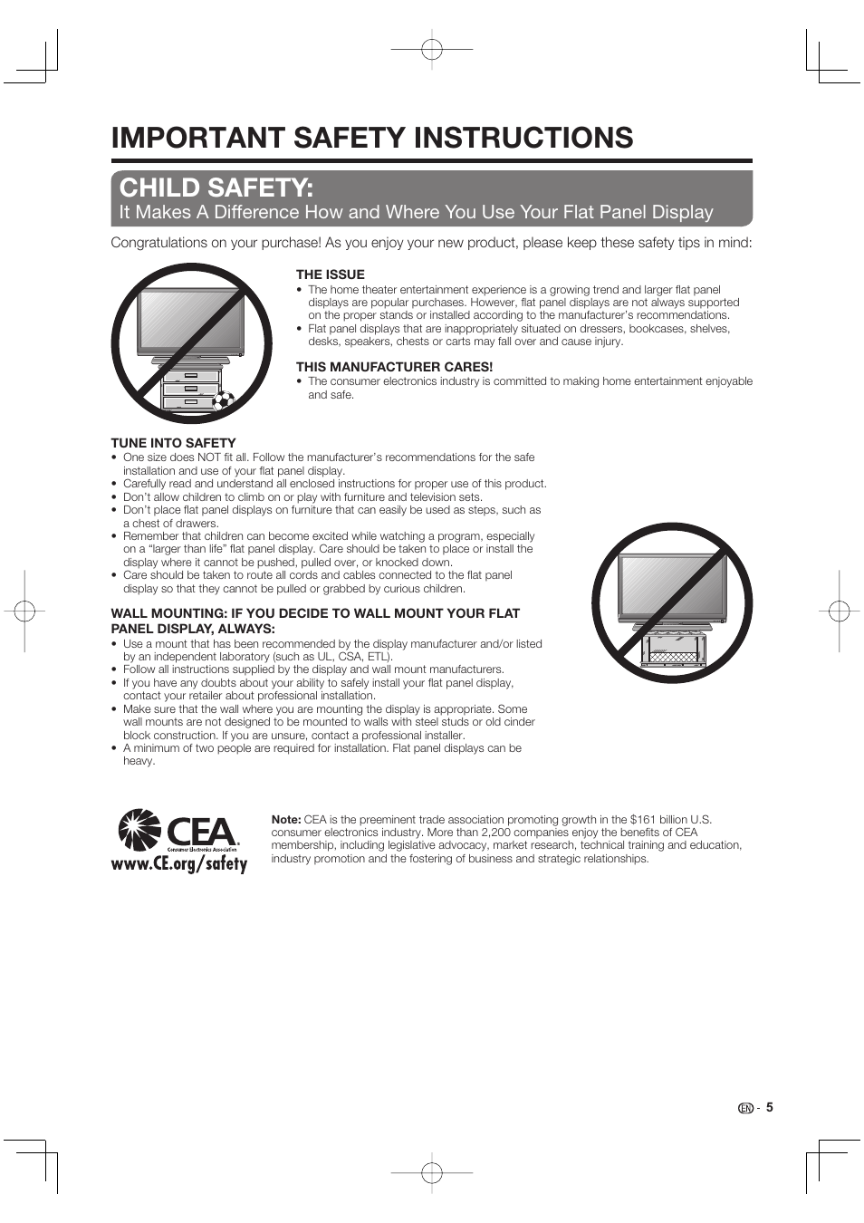 Important safety instructions, Child safety | Sharp Aquos LC 40E77UN User Manual | Page 7 / 47