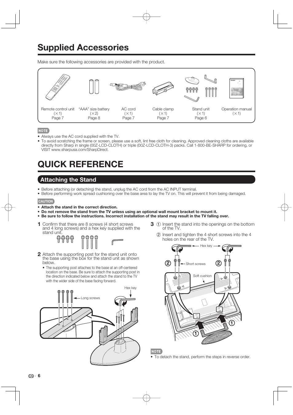 Supplied accessories, Quick reference, Attaching the stand | Sharp Aquos LC 40E77UN User Manual | Page 8 / 47