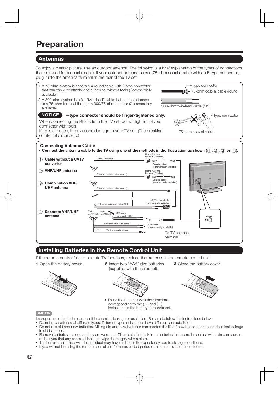 Preparation, Antennas, Installing batteries in the remote control unit | Cable, Notice | Sharp Aquos LC 42D65UT User Manual | Page 10 / 47