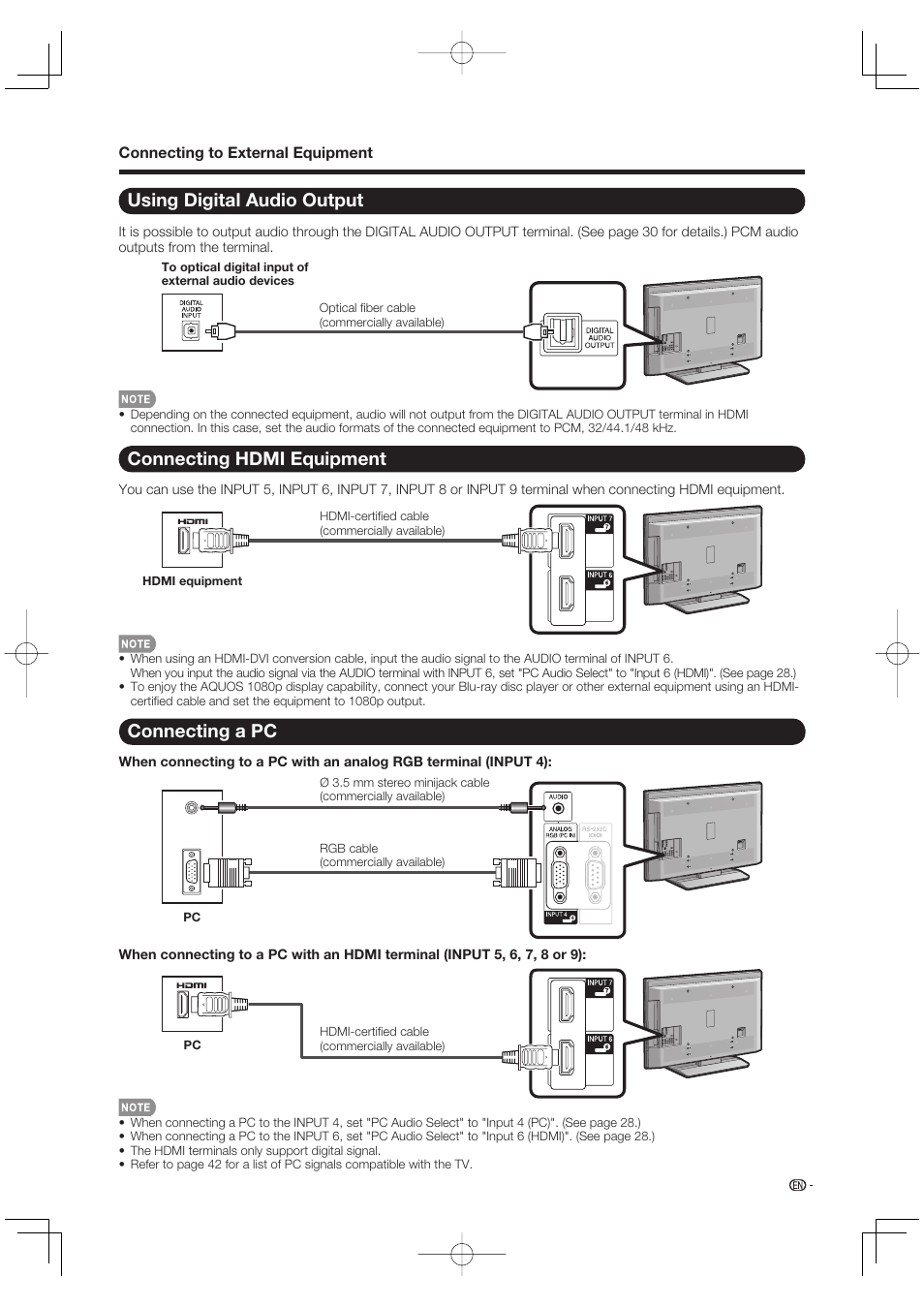Using digital audio output, Connecting hdmi equipment, Connecting a pc | Sharp Aquos LC 42D65UT User Manual | Page 15 / 47