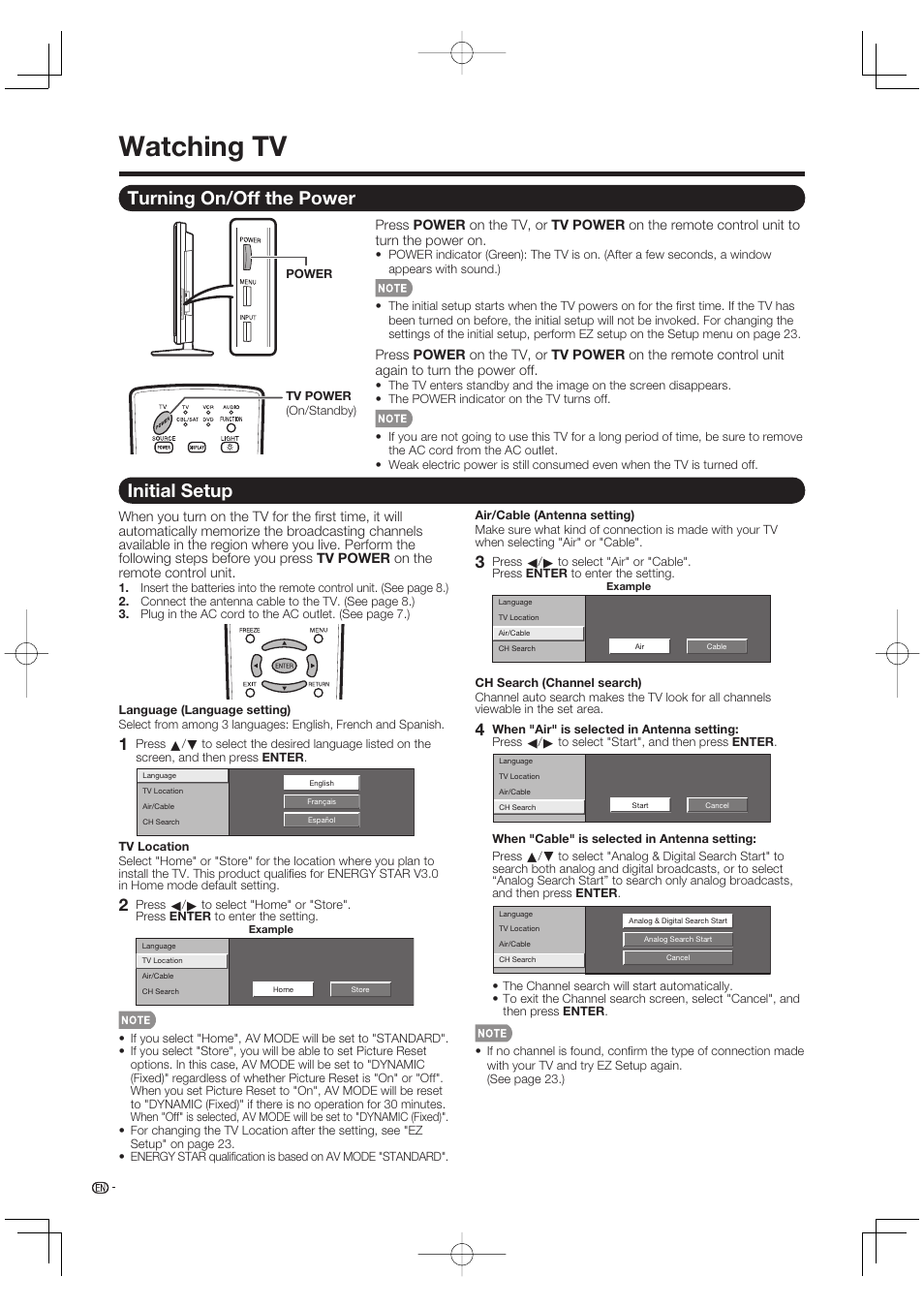 Watching tv, Turning on/off the power, Initial setup | Sharp Aquos LC 42D65UT User Manual | Page 16 / 47
