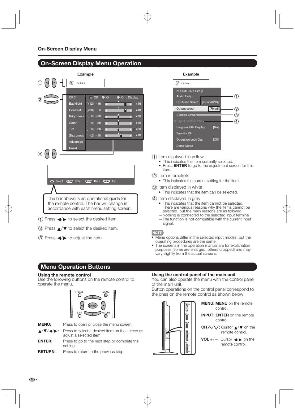 On-screen display menu operation, Menu operation buttons, On-screen display menu | Sharp Aquos LC 42D65UT User Manual | Page 22 / 47