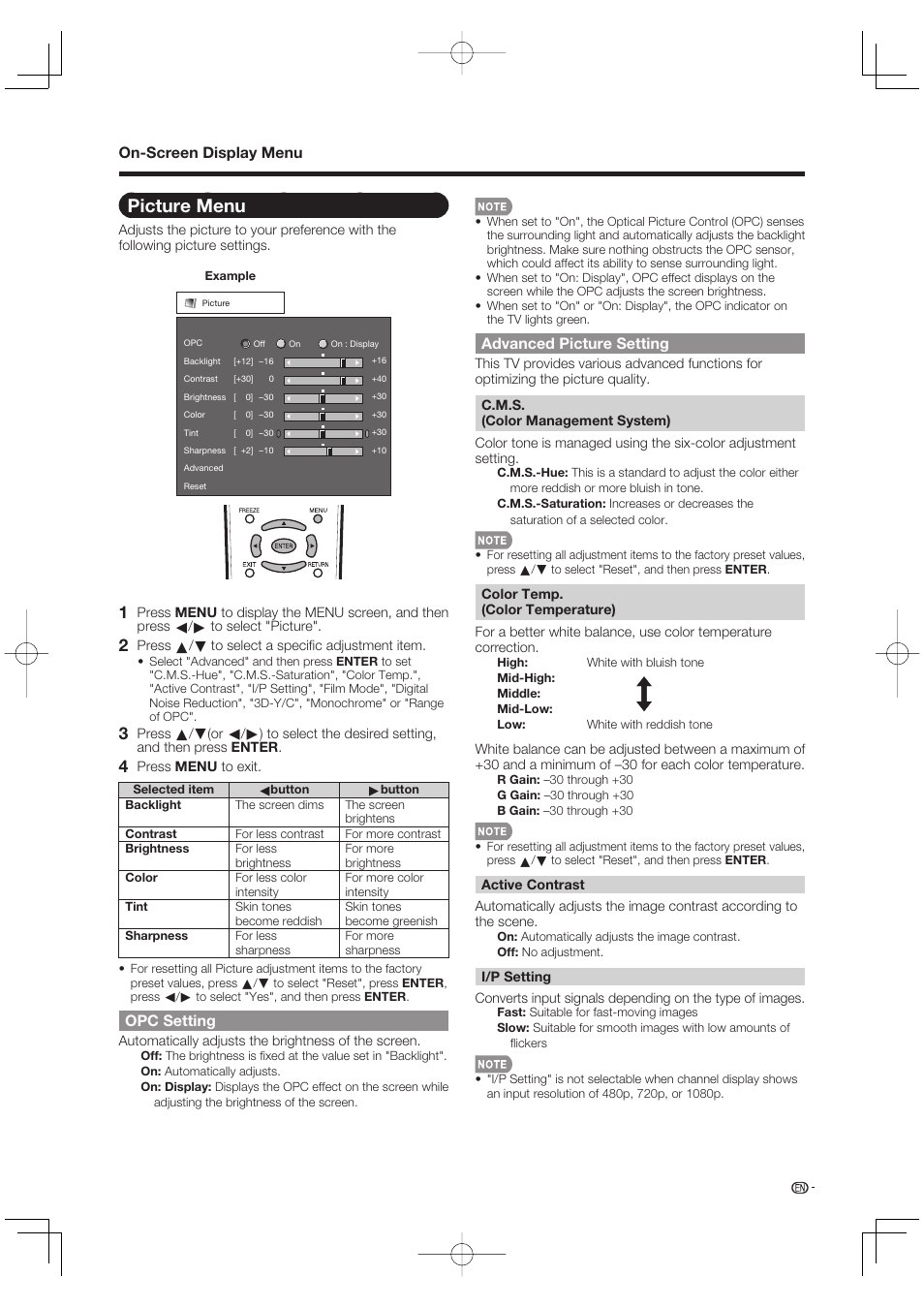 Picture menu, Opc setting, Advanced picture setting | On-screen display menu | Sharp Aquos LC 42D65UT User Manual | Page 23 / 47