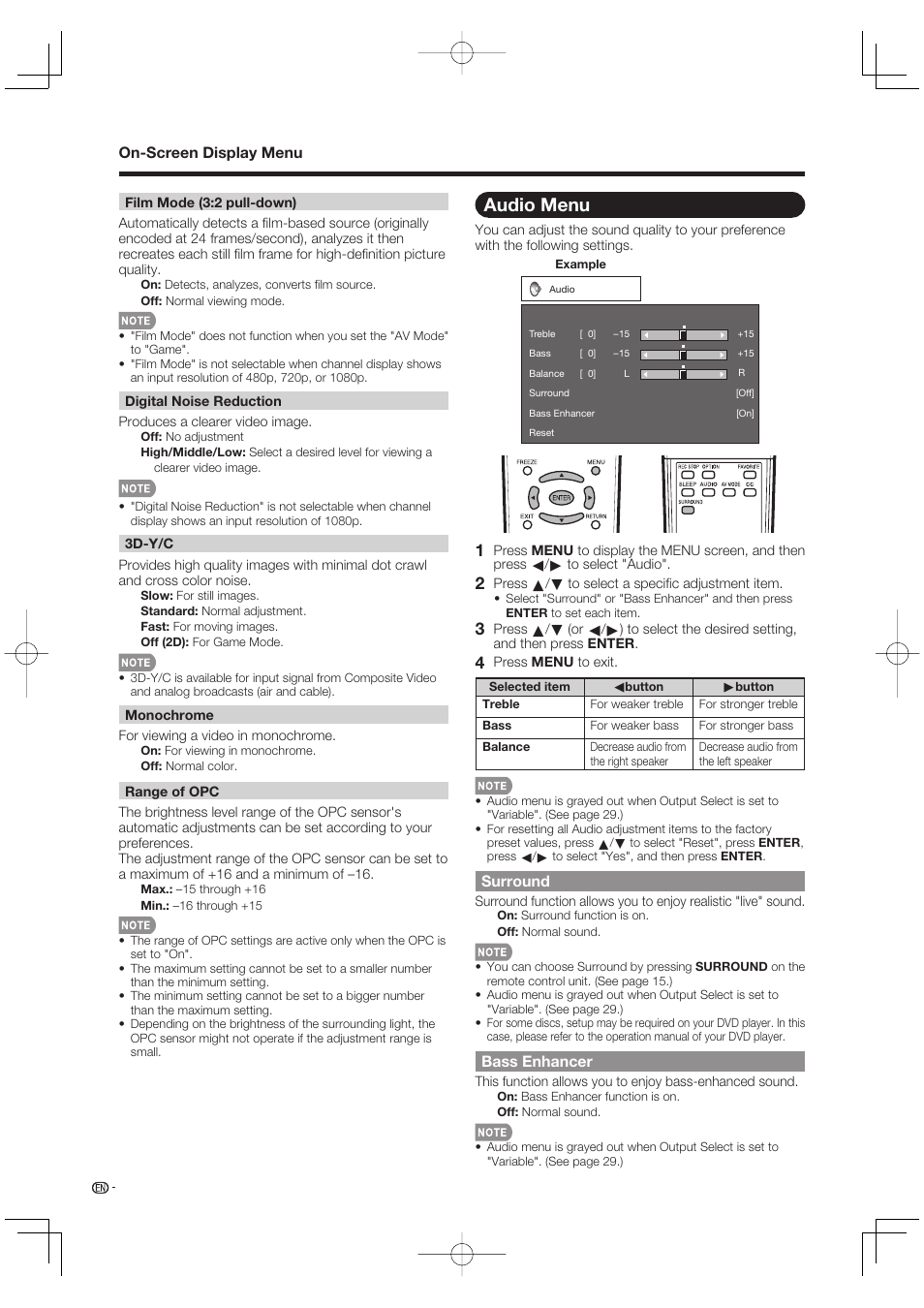 Audio menu, Surround, Bass enhancer | Sharp Aquos LC 42D65UT User Manual | Page 24 / 47