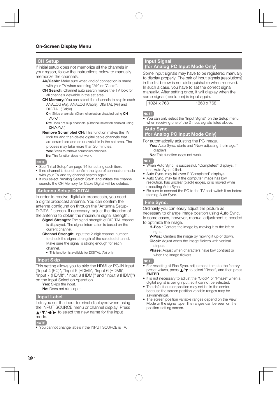 Ch setup, Antenna setup-digital, Input skip | Input label, Input signal (for analog pc input mode only), Auto sync. (for analog pc input mode only), Fine sync | Sharp Aquos LC 42D65UT User Manual | Page 26 / 47