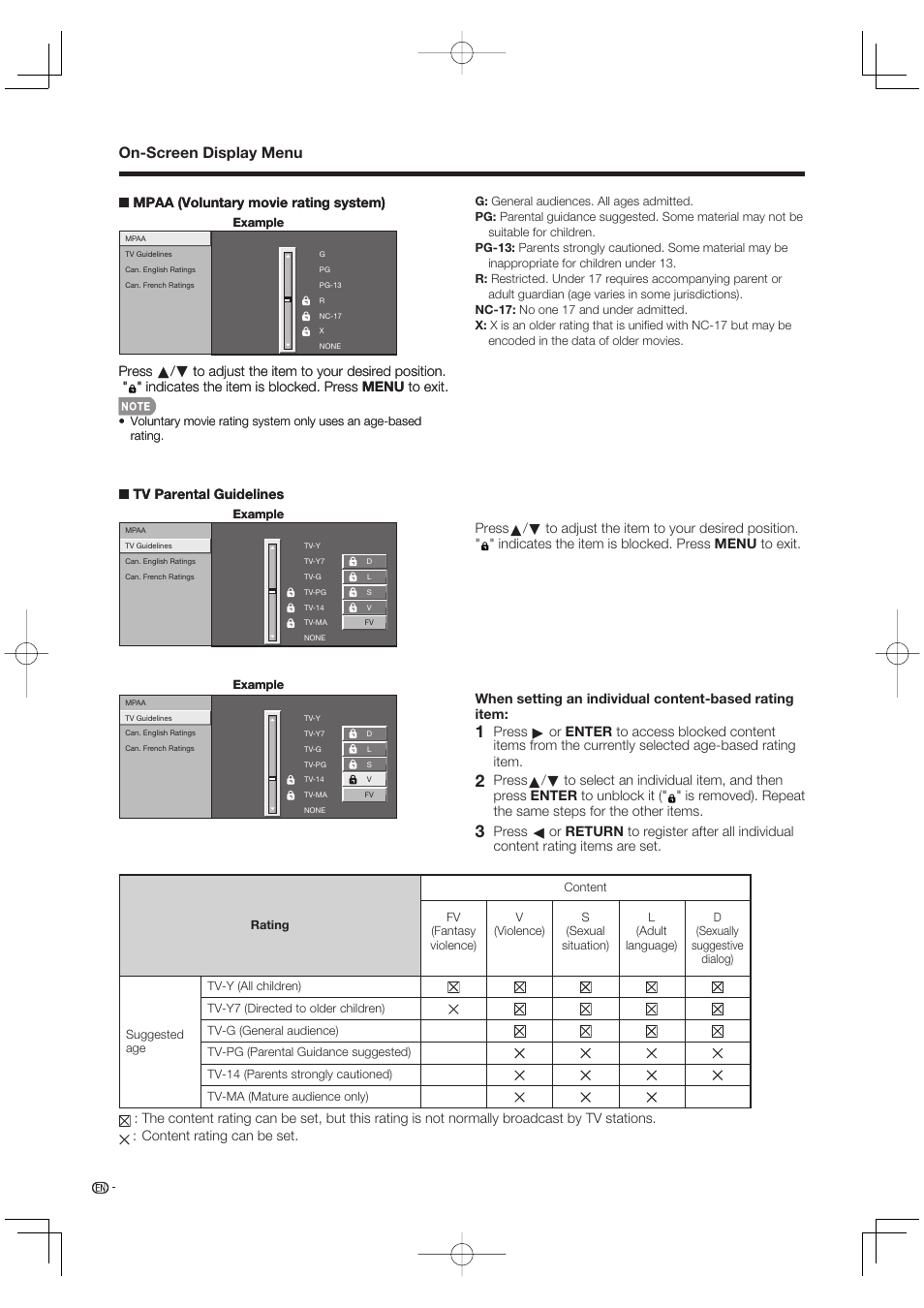 On-screen display menu, Mpaa (voluntary movie rating system), Tv parental guidelines | Sharp Aquos LC 42D65UT User Manual | Page 28 / 47