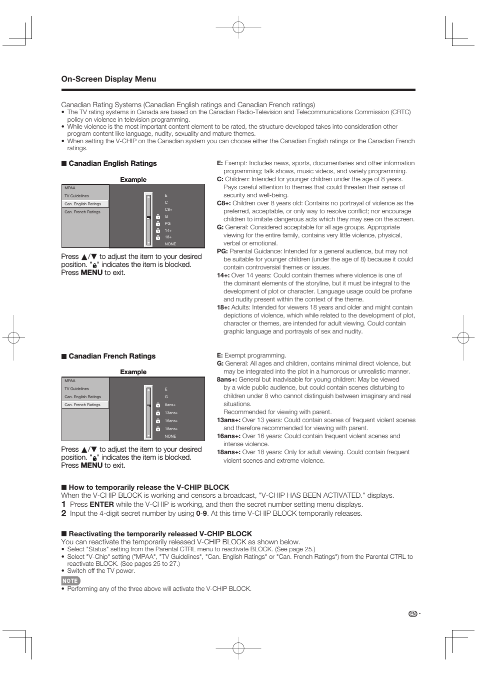 On-screen display menu, Canadian english ratings | Sharp Aquos LC 42D65UT User Manual | Page 29 / 47