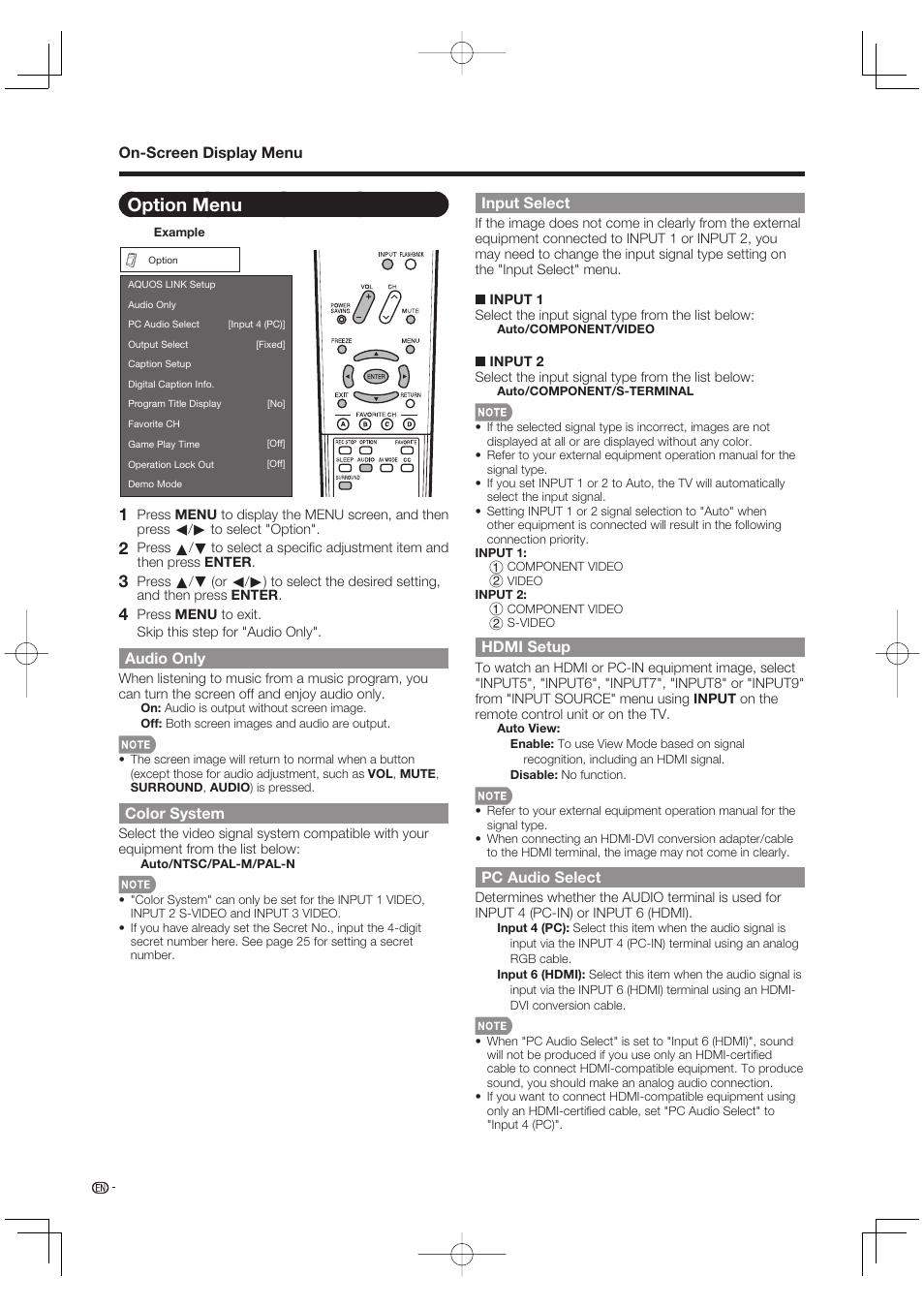 Option menu, Audio only, Color system | Input select, Hdmi setup, Pc audio select | Sharp Aquos LC 42D65UT User Manual | Page 30 / 47