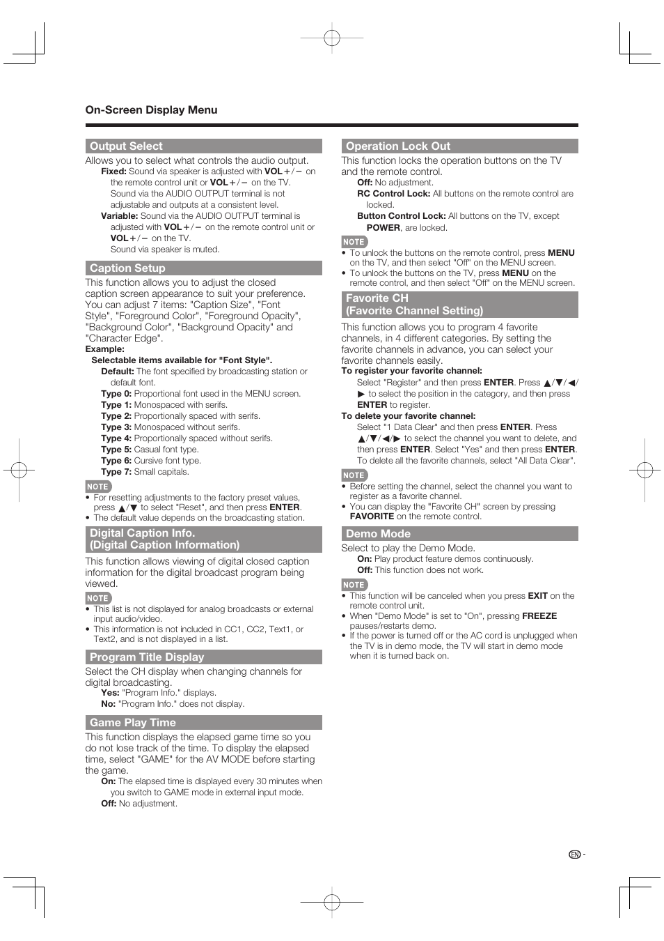 Output select, Caption setup, Program title display | Game play time, Operation lock out, Favorite ch (favorite channel setting), Demo mode | Sharp Aquos LC 42D65UT User Manual | Page 31 / 47
