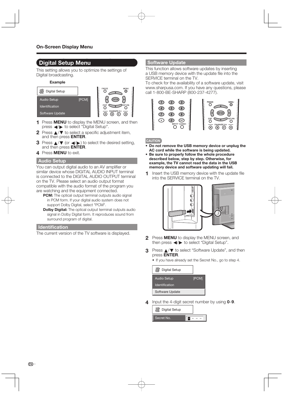 Digital setup menu, Audio setup, Identification | Software update | Sharp Aquos LC 42D65UT User Manual | Page 32 / 47