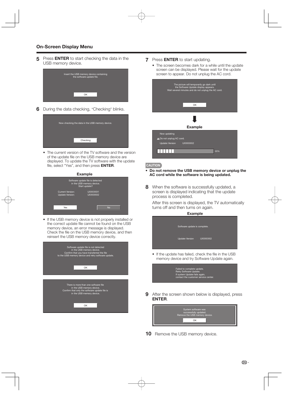 On-screen display menu, During the data checking, Checking | Blinks, Press enter to start updating | Sharp Aquos LC 42D65UT User Manual | Page 33 / 47