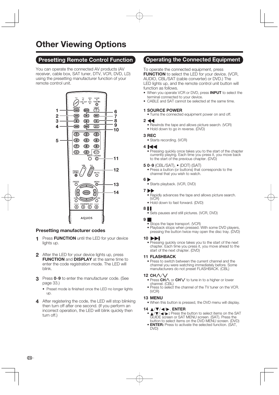 Other viewing options, Presetting remote control function, Operating the connected equipment | Sharp Aquos LC 42D65UT User Manual | Page 34 / 47