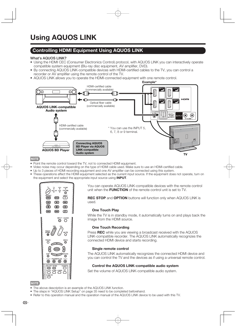 Using aquos link, Controlling hdmi equipment using aquos link | Sharp Aquos LC 42D65UT User Manual | Page 36 / 47