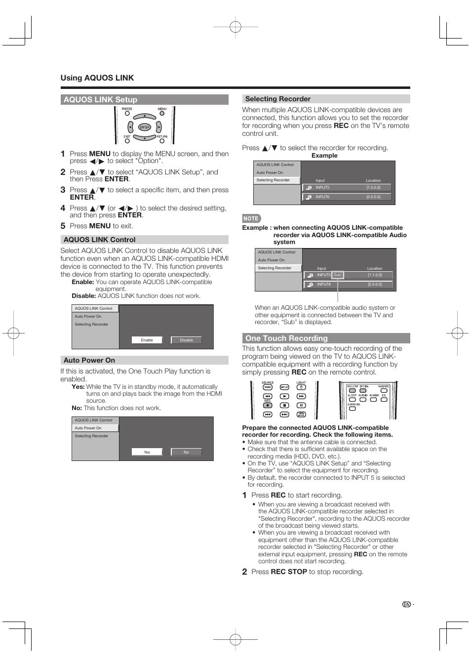 Aquos link setup, One touch recording, Using aquos link | Sharp Aquos LC 42D65UT User Manual | Page 37 / 47