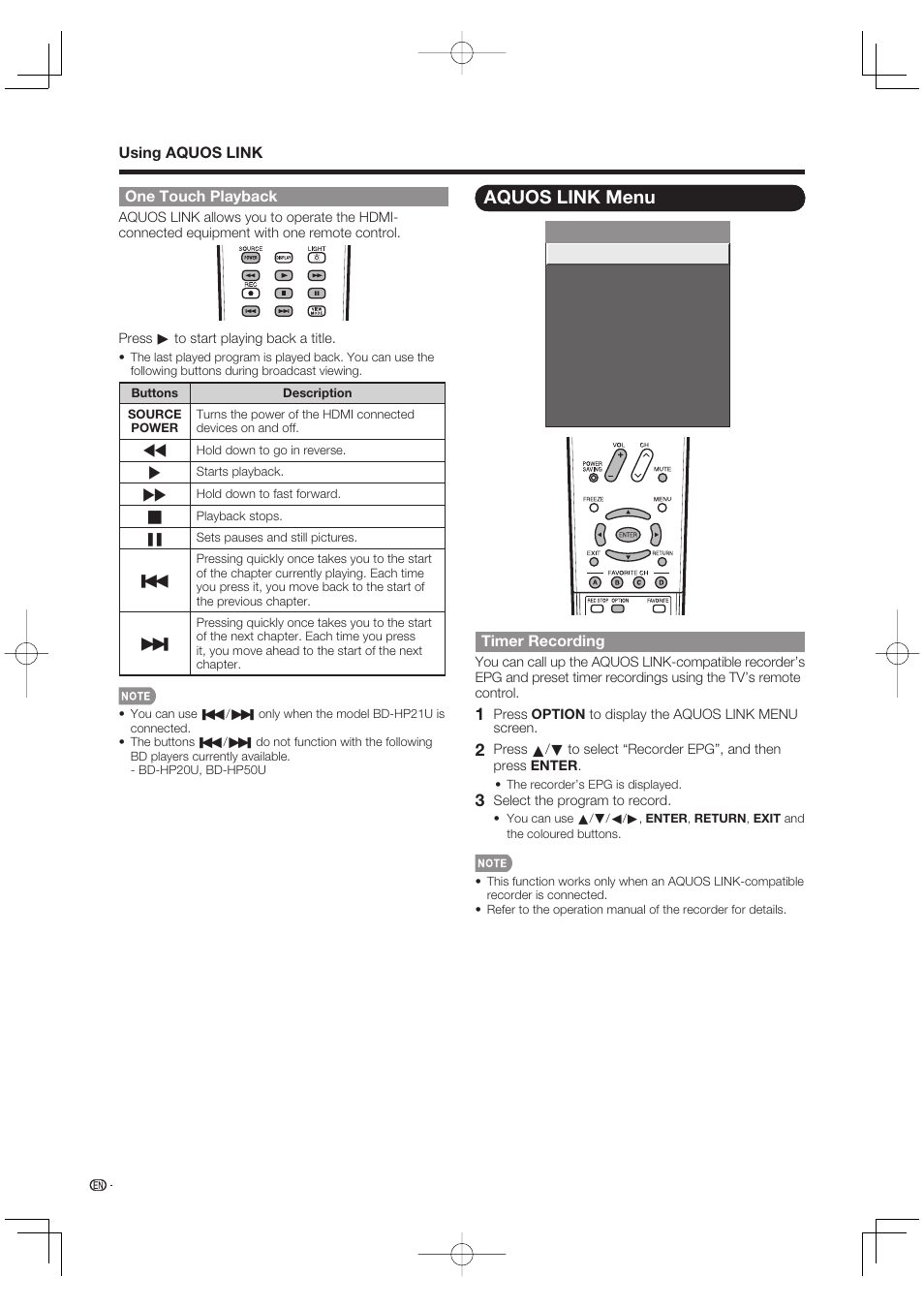 One touch playback, Aquos link menu, Timer recording | Sharp Aquos LC 42D65UT User Manual | Page 38 / 47