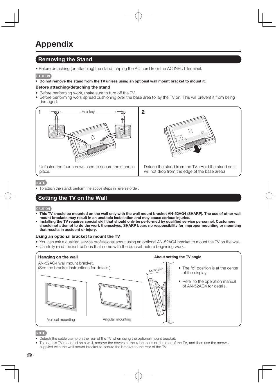 Appendix, Removing the stand, Setting the tv on the wall | Sharp Aquos LC 42D65UT User Manual | Page 40 / 47