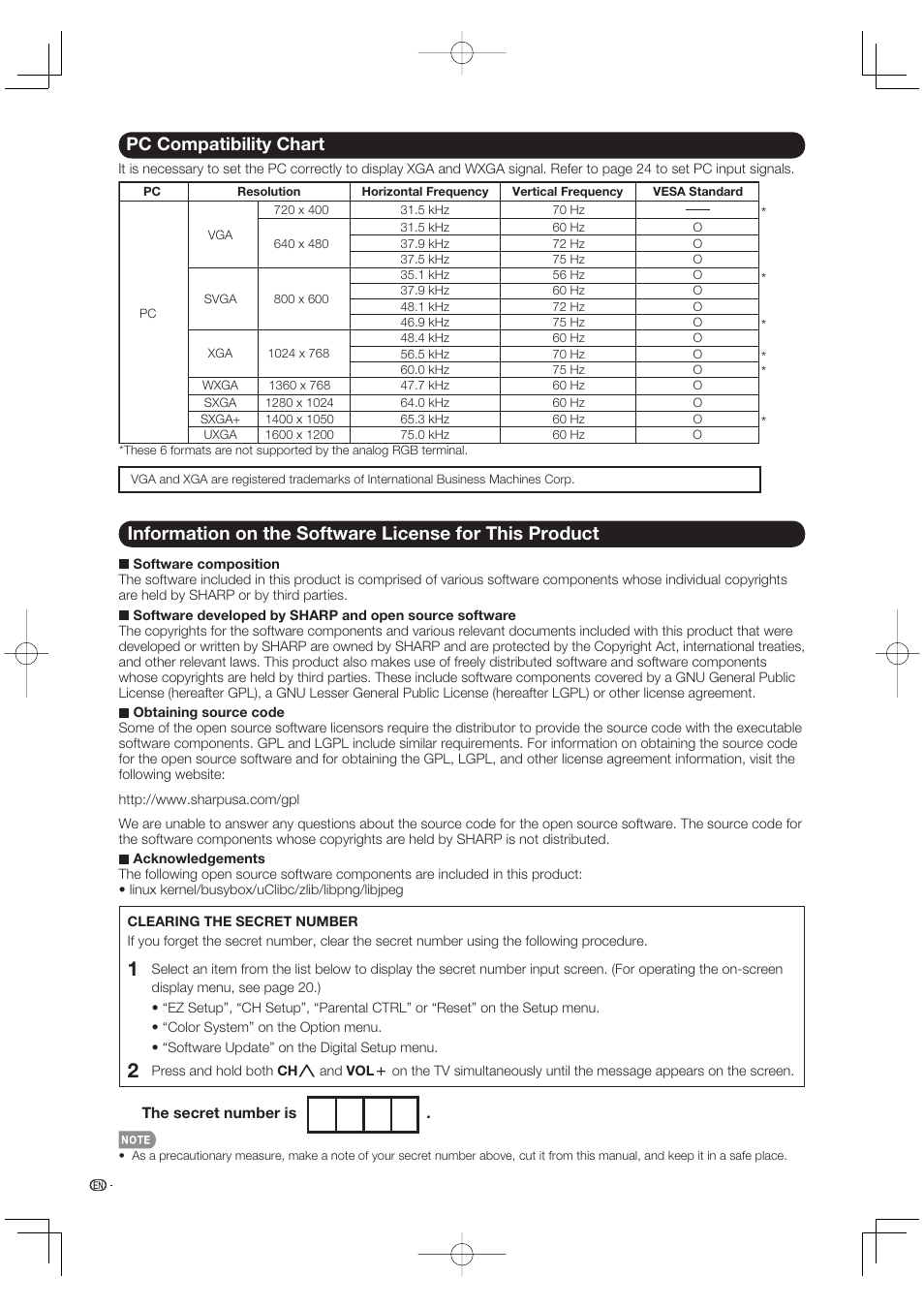 Pc compatibility chart | Sharp Aquos LC 42D65UT User Manual | Page 44 / 47