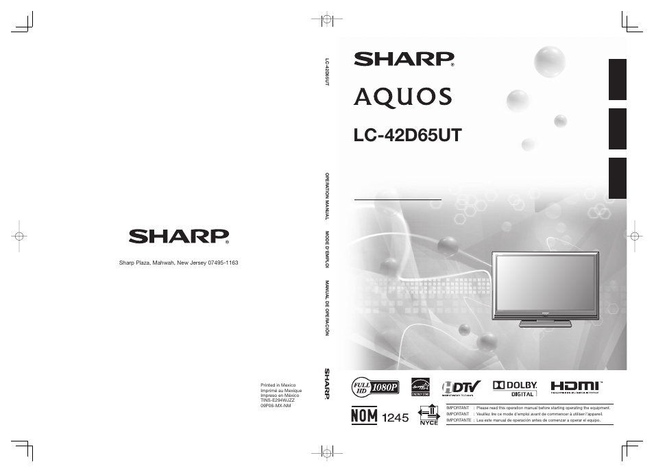 Lc-42d65ut, Sharp electronics corporation, Sharp corporation | Sharp Aquos LC 42D65UT User Manual | Page 47 / 47