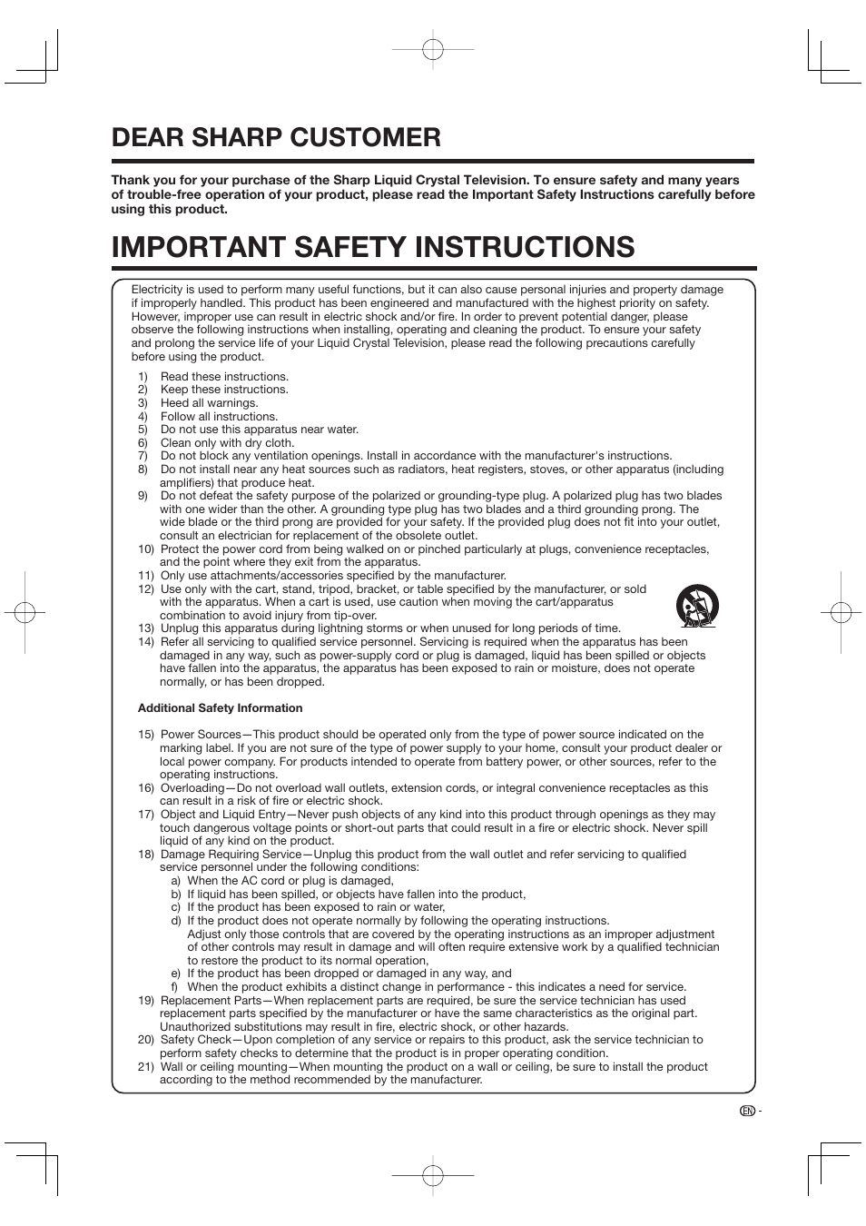 Dear sharp customer, Important safety instructions | Sharp Aquos LC 42D65UT User Manual | Page 5 / 47