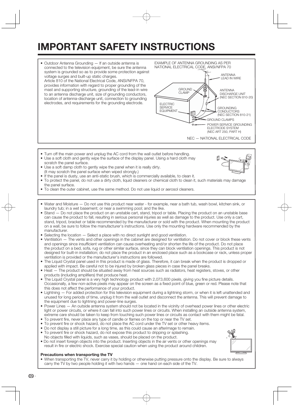 Important safety instructions | Sharp Aquos LC 42D65UT User Manual | Page 6 / 47