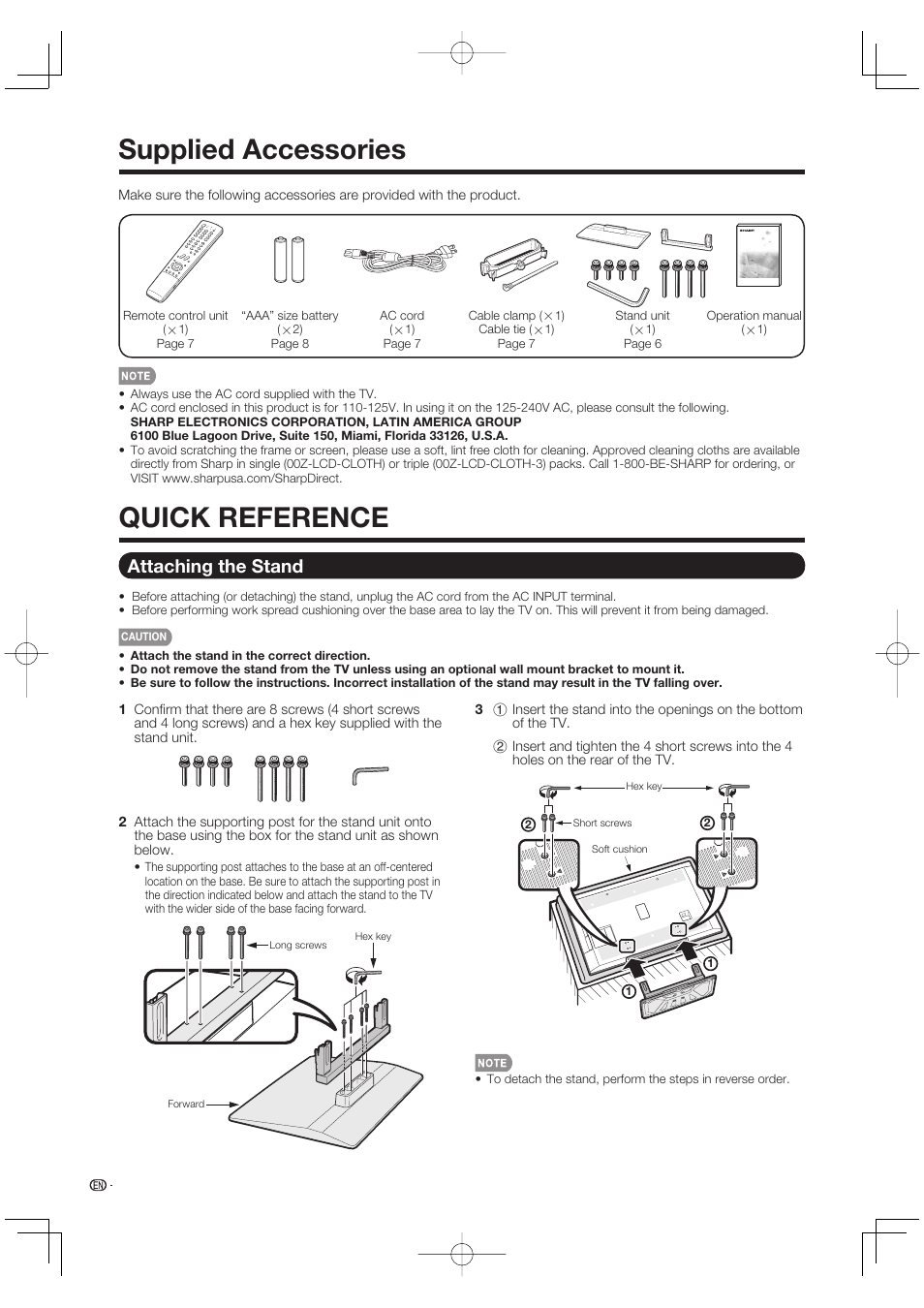 Supplied accessories, Quick reference, Attaching the stand | Sharp Aquos LC 42D65UT User Manual | Page 8 / 47