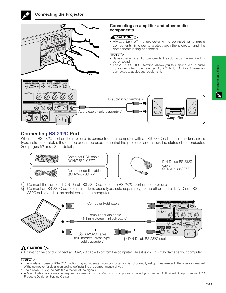 Connecting rs-232c po rt, Connecting an amplifier and other audio components, Connecting the projector | Sharp XG - P10XU User Manual | Page 15 / 65