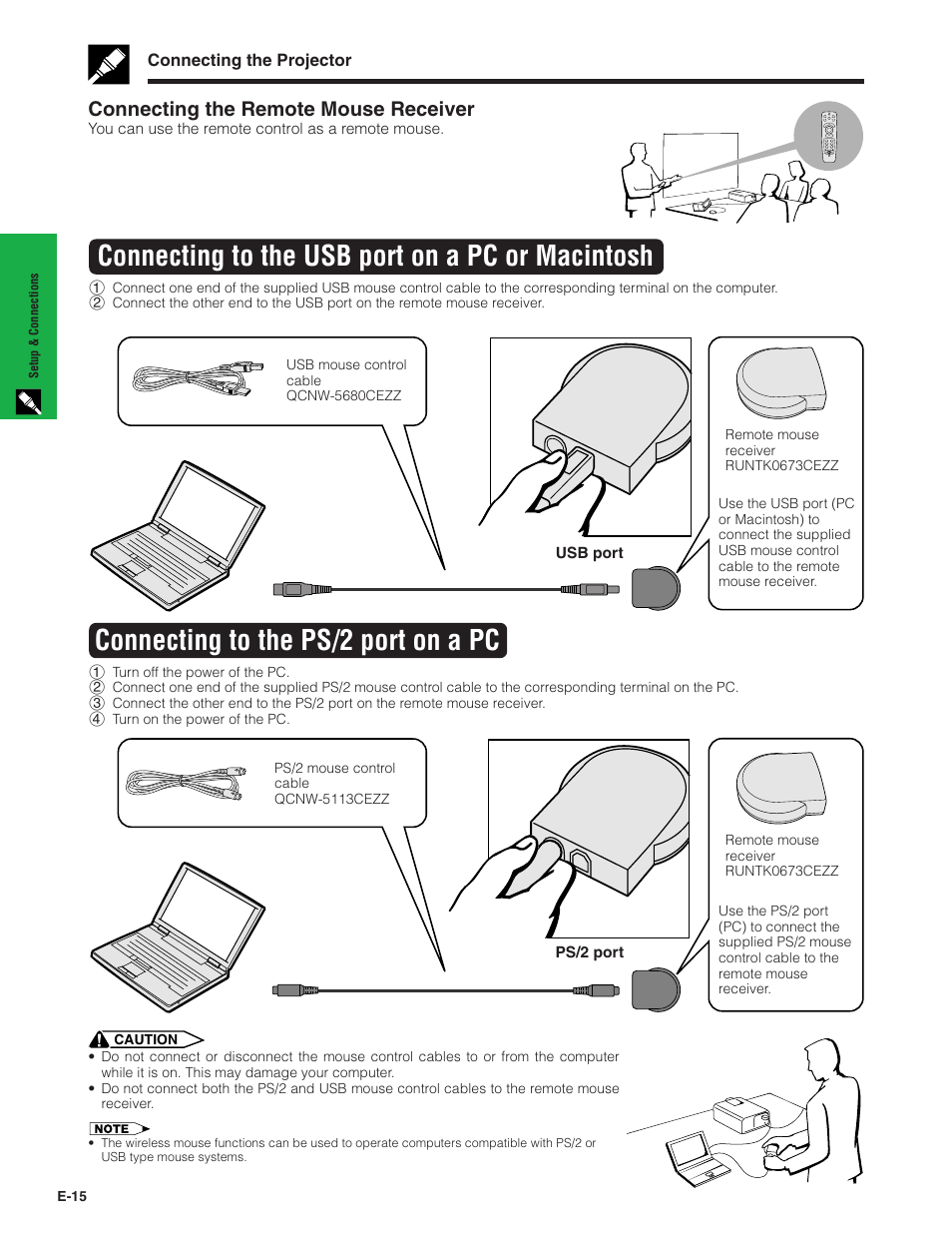 Connecting to the usb port on a pc or macintosh, Connecting to the ps/2 port on a pc, Connecting the remote mouse receiver | Sharp XG - P10XU User Manual | Page 16 / 65