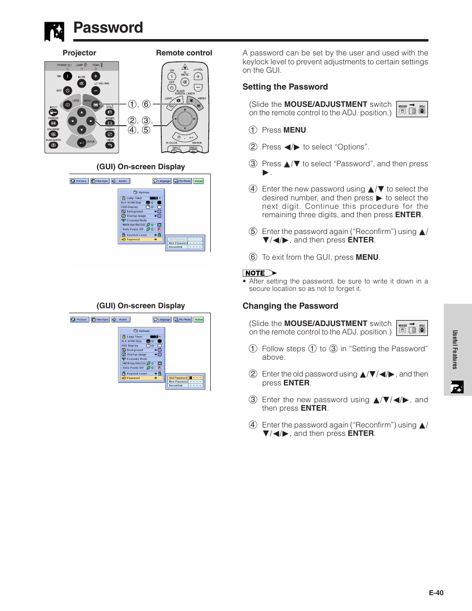 Password, Password …………………………………………… 40 | Sharp XG - P10XU User Manual | Page 41 / 65