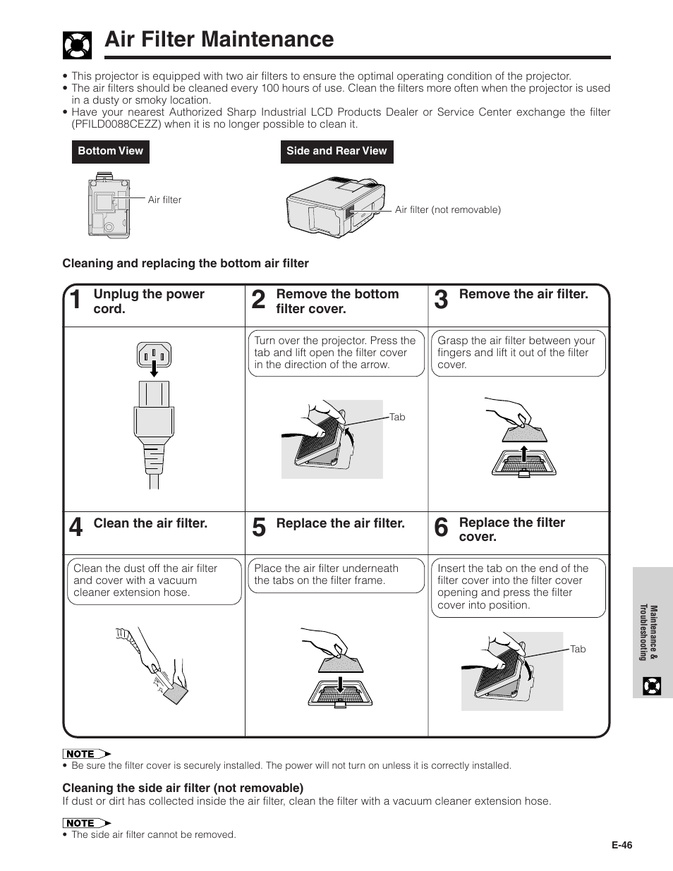 Air filter maintenance, Air filter maintenance …………………………… 46 | Sharp XG - P10XU User Manual | Page 47 / 65