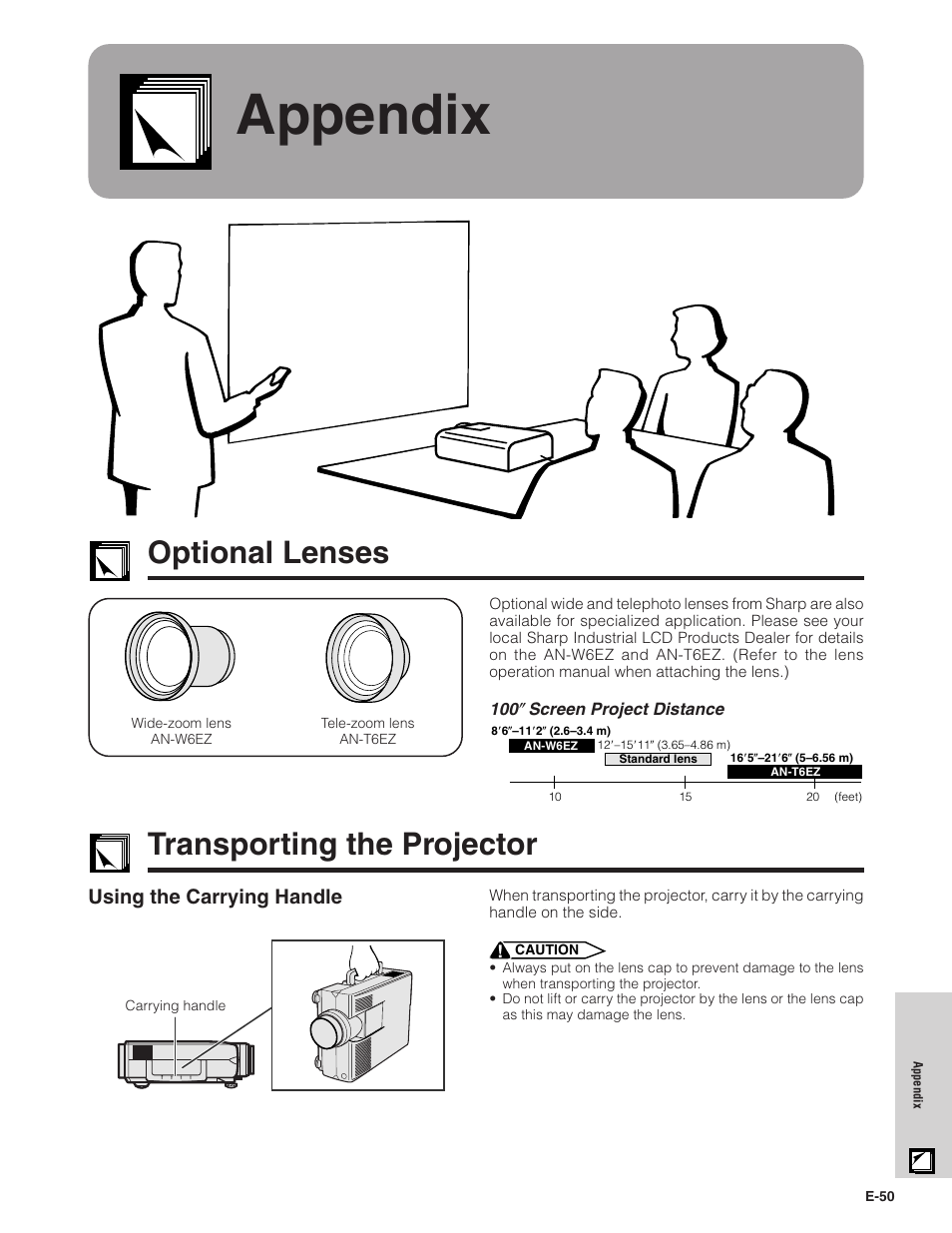 Appendix, Optional lenses, Transporting the projector | Using the carrying handle | Sharp XG - P10XU User Manual | Page 51 / 65