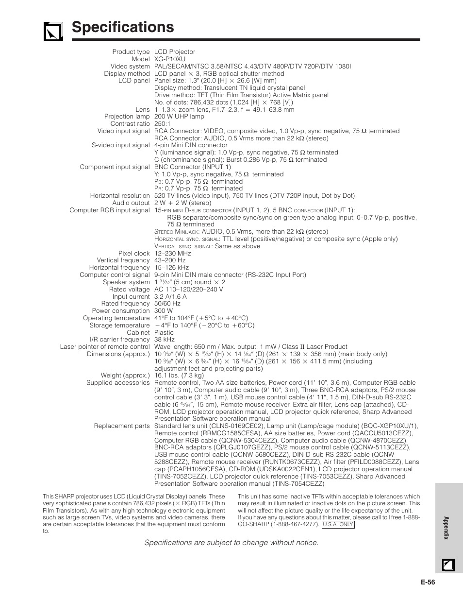 Specifications, Specifications ……………………………………… 56 | Sharp XG - P10XU User Manual | Page 57 / 65