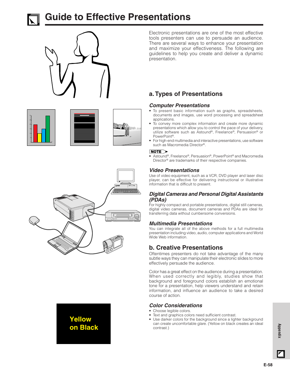 Guide to effective presentations, Guide to effective presentations ……………… 58, Yellow on black | A. types of presentations, B. creative presentations, Computer presentations, Video presentations, Multimedia presentations, Color considerations | Sharp XG - P10XU User Manual | Page 59 / 65