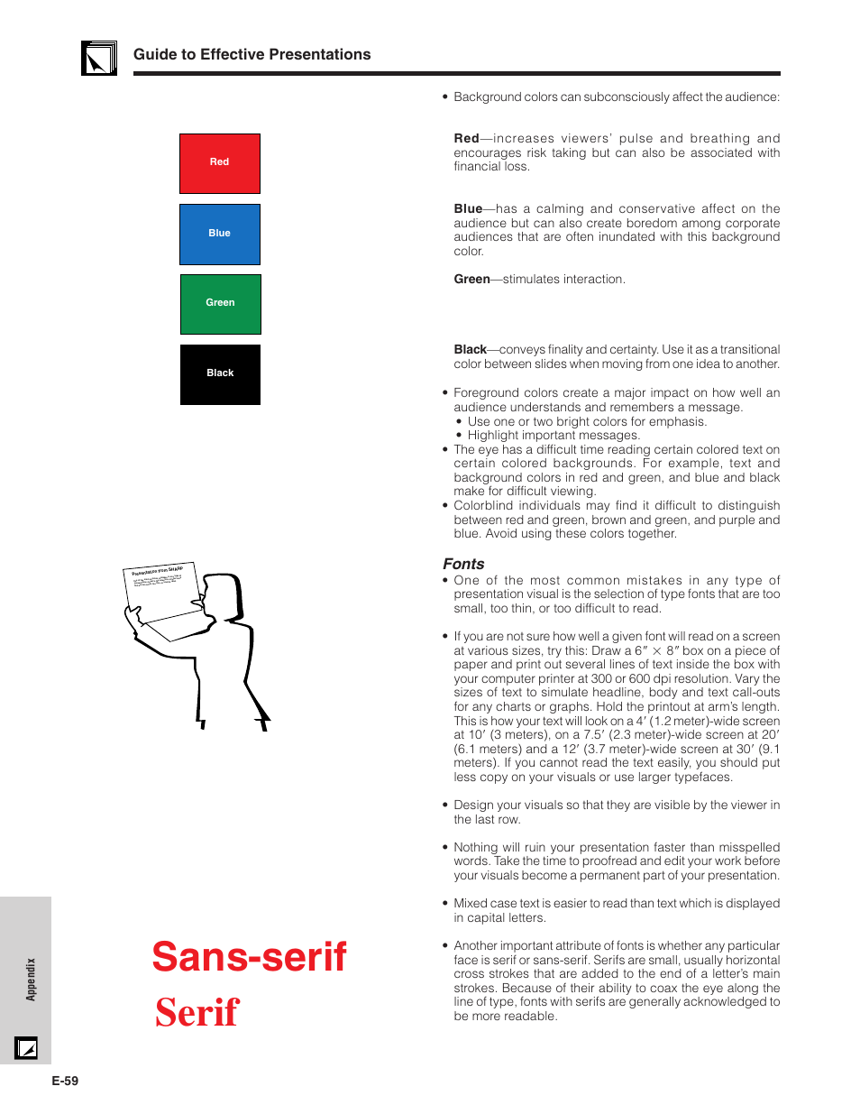 Sans-serif serif, Guide to effective presentations, Fonts | Sharp XG - P10XU User Manual | Page 60 / 65