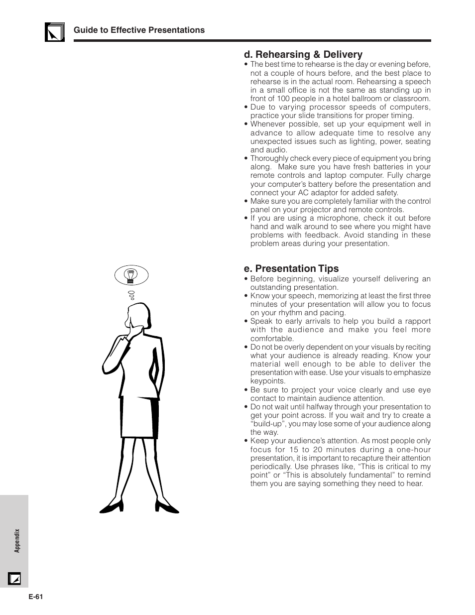 D. rehearsing & delivery, E. presentation tips | Sharp XG - P10XU User Manual | Page 62 / 65