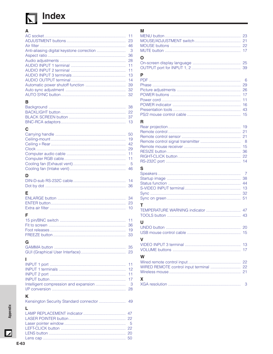 Index, Index ………………………………………………… 63 | Sharp XG - P10XU User Manual | Page 64 / 65