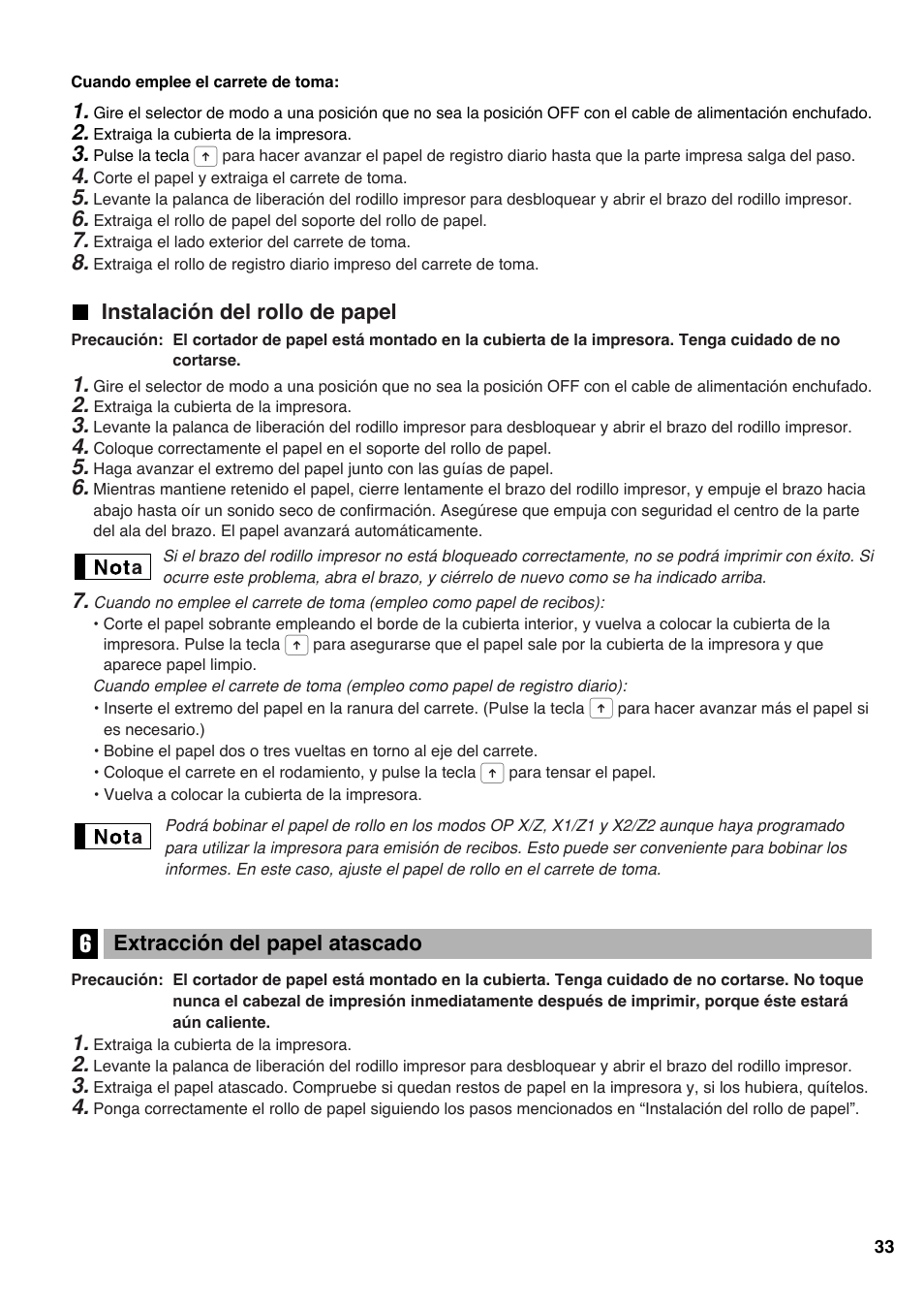 Instalación del rollo de papel, 6 extracción del papel atascado | Sharp electronic cash register XE-A20S User Manual | Page 103 / 108