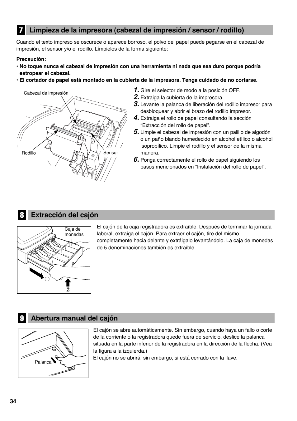 8 extracción del cajón, 9 abertura manual del cajón, Abertura manual del cajón | Extracción del cajón | Sharp electronic cash register XE-A20S User Manual | Page 104 / 108