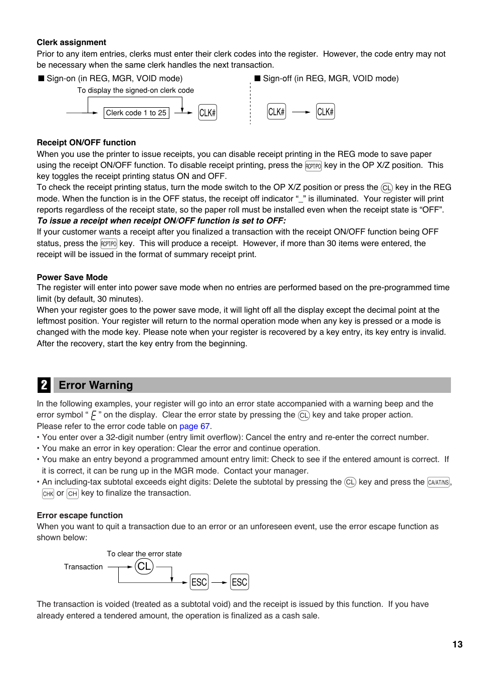 2 error warning | Sharp electronic cash register XE-A20S User Manual | Page 15 / 108