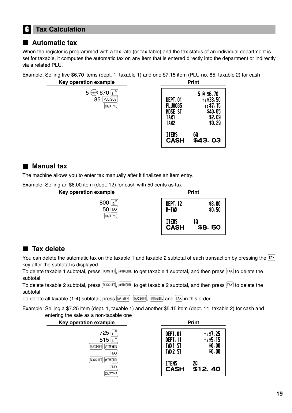6 tax calculation, Automatic tax, Manual tax | Tax delete, Automatic tax manual tax tax delete | Sharp electronic cash register XE-A20S User Manual | Page 21 / 108