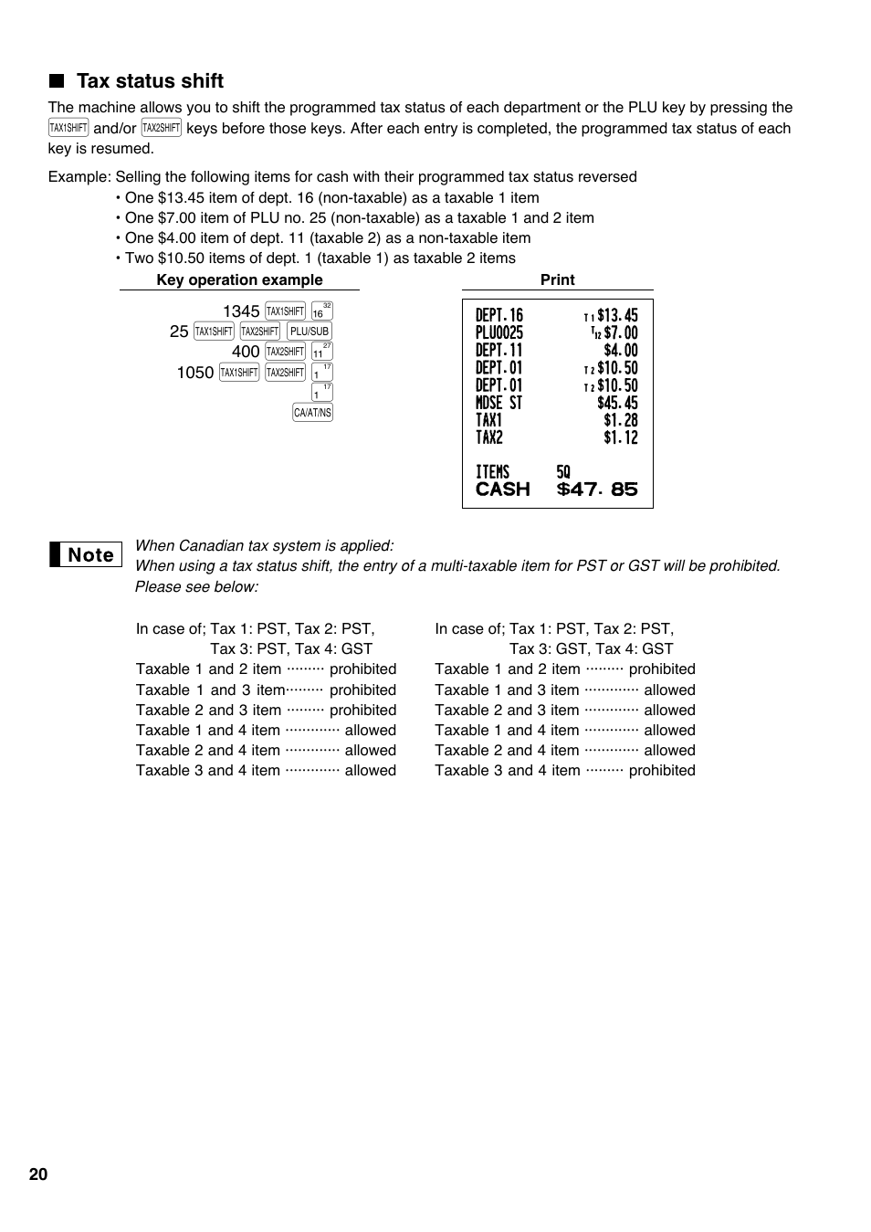 Tax status shift, T u p, T u ! ! a | Sharp electronic cash register XE-A20S User Manual | Page 22 / 108