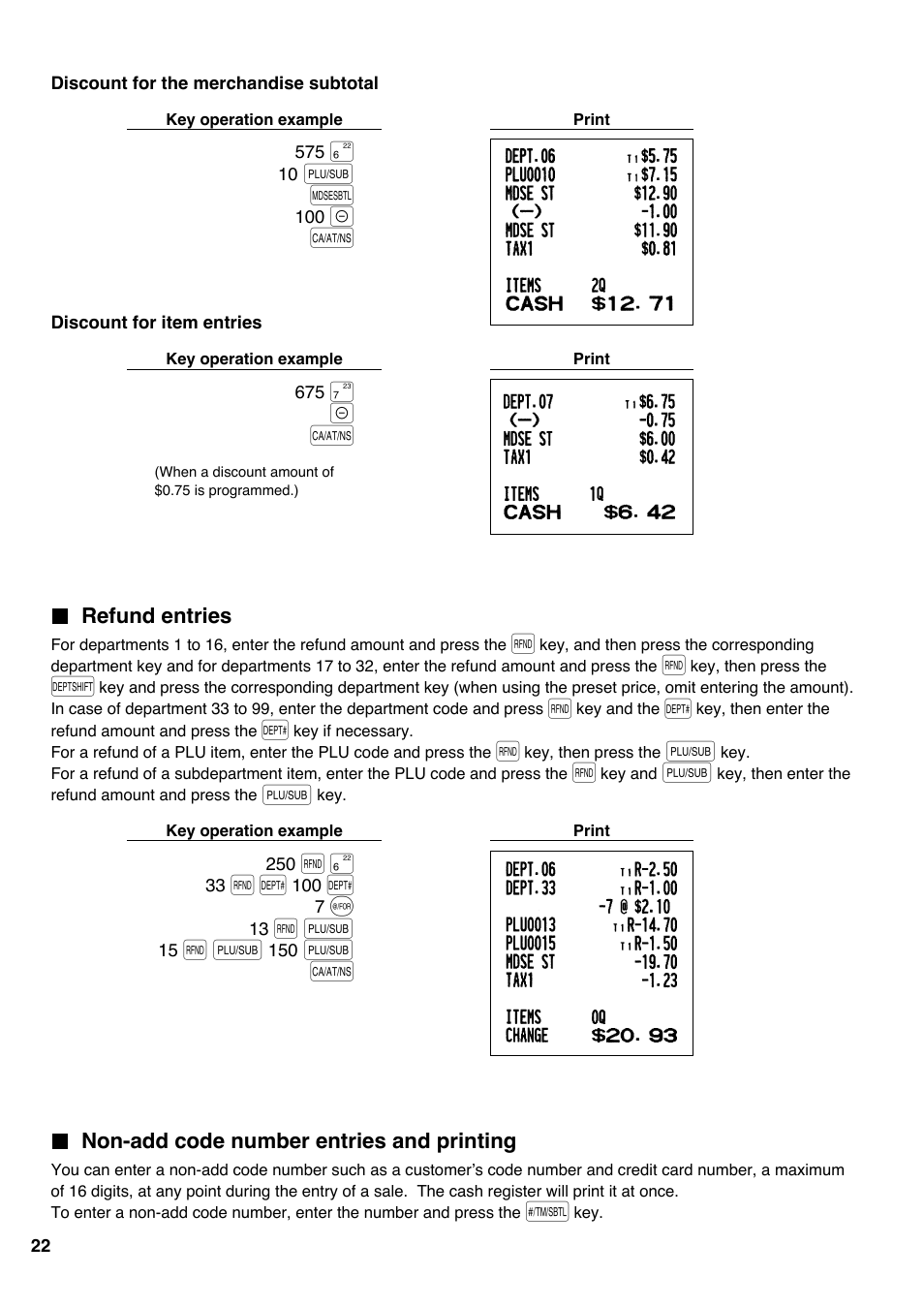 Refund entries, Non-add code number entries and printing | Sharp electronic cash register XE-A20S User Manual | Page 24 / 108