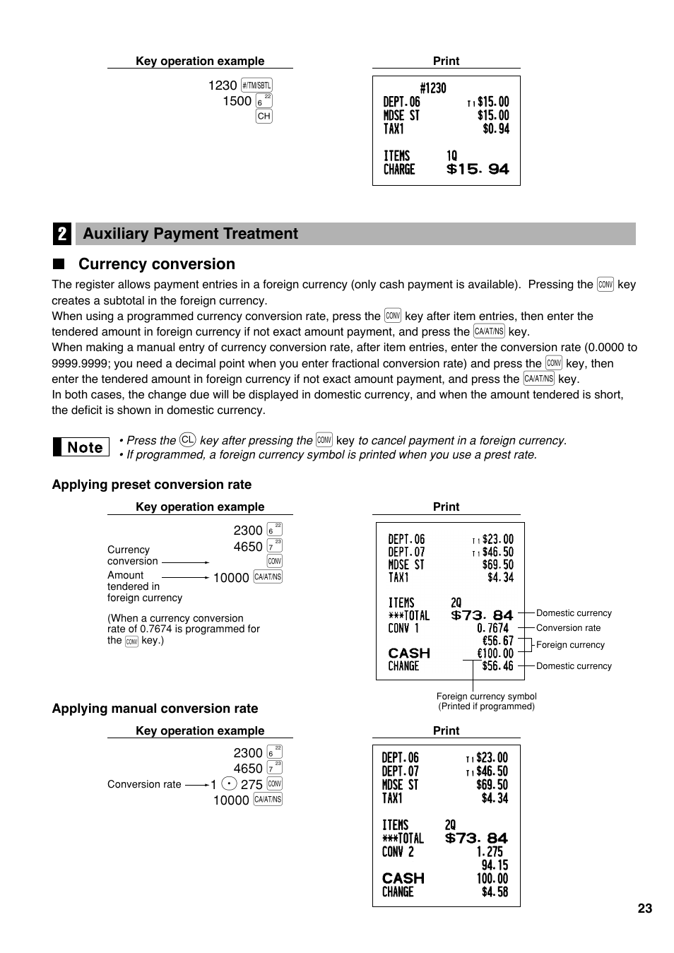 2 auxiliary payment treatment, Currency conversion | Sharp electronic cash register XE-A20S User Manual | Page 25 / 108