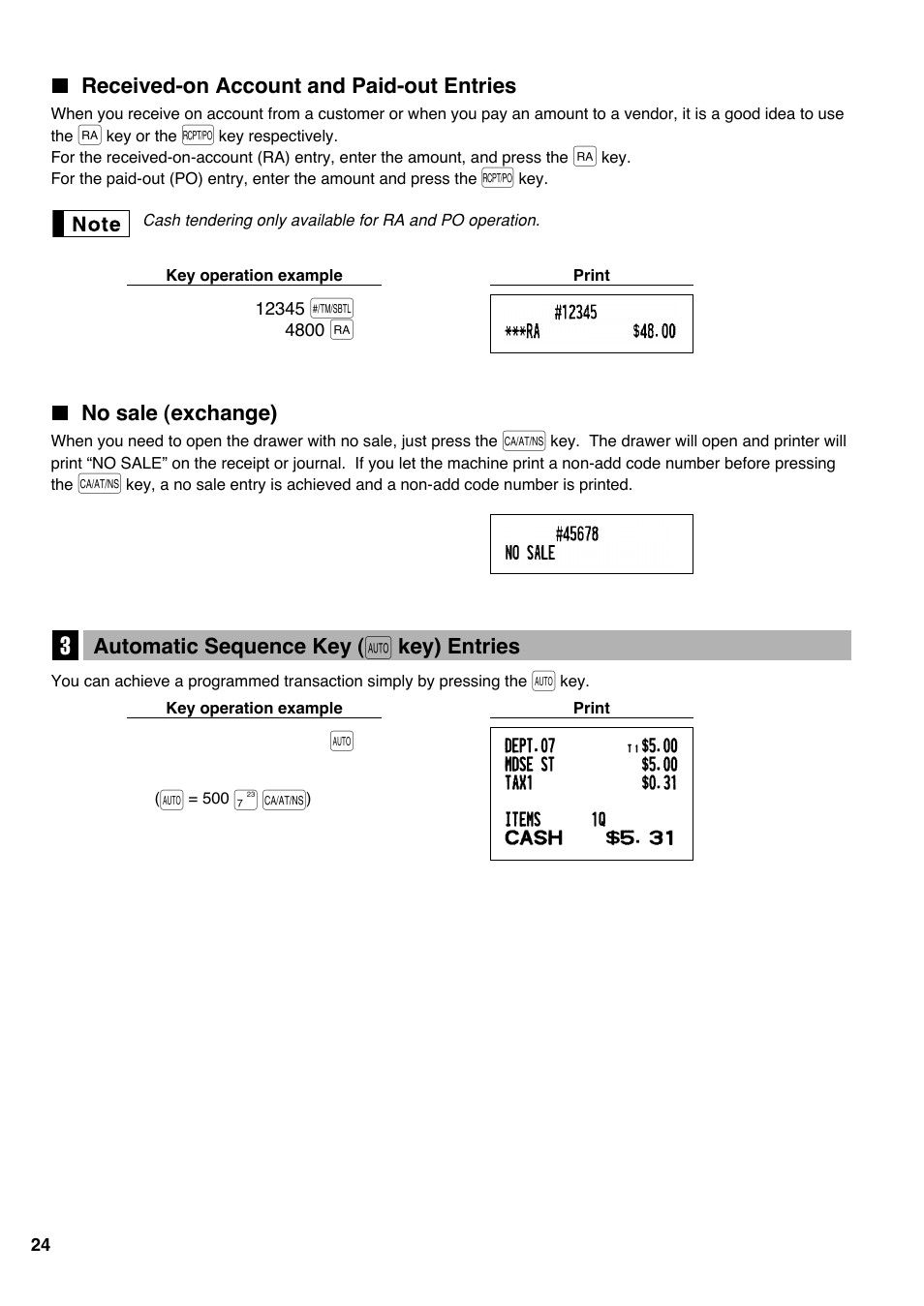 Received-on account and paid-out entries, No sale (exchange), 3 automatic sequence key ([auto] key) entries | 3 automatic sequence key, Key) entries | Sharp electronic cash register XE-A20S User Manual | Page 26 / 108