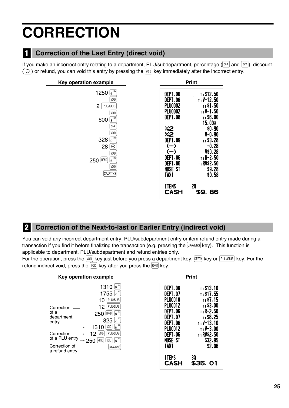 Correction, 1 correction of the last entry (direct void), For details on reading | F + v a | Sharp electronic cash register XE-A20S User Manual | Page 27 / 108