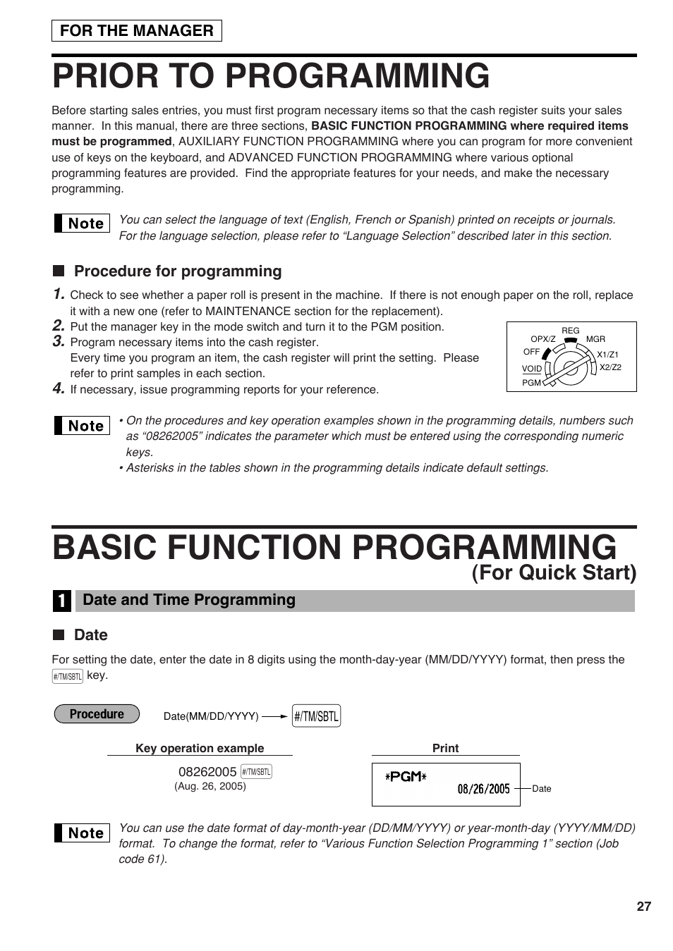 Prior to programming, Procedure for programming, Basic function programming (for quick start) | 1 date and time programming, Date, Basic function programming, For quick start) | Sharp electronic cash register XE-A20S User Manual | Page 29 / 108