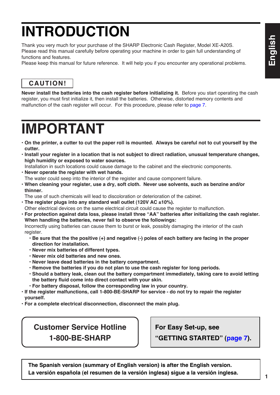 English version, Introduction, Important | English, Customer service hotline 1-800-be-sharp | Sharp electronic cash register XE-A20S User Manual | Page 3 / 108