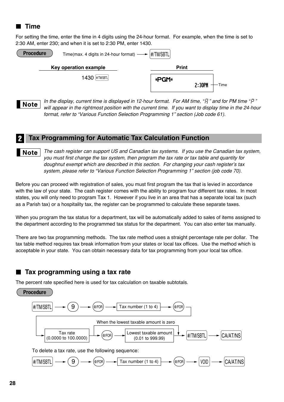 Time, Tax programming using a tax rate, S@ v a | 9s @ 9 @ @ s a | Sharp electronic cash register XE-A20S User Manual | Page 30 / 108