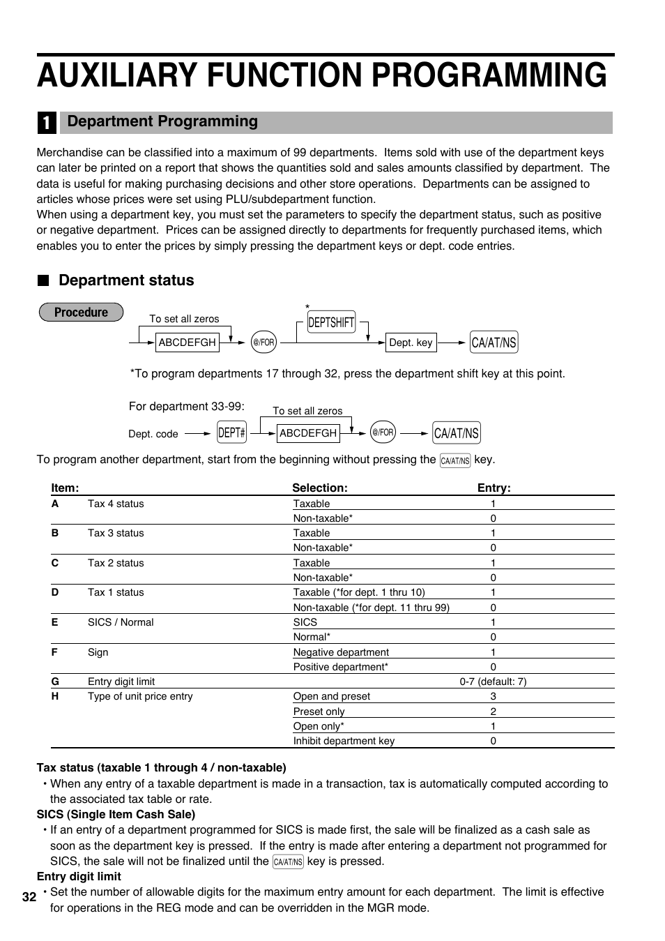 Auxiliary function programming, 1 department programming, Department status | Department programming | Sharp electronic cash register XE-A20S User Manual | Page 34 / 108