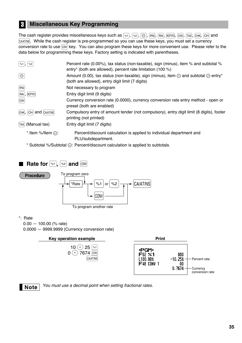 3 miscellaneous key programming, Rate for [%], [%2] and [conv, Rate for | Sharp electronic cash register XE-A20S User Manual | Page 37 / 108