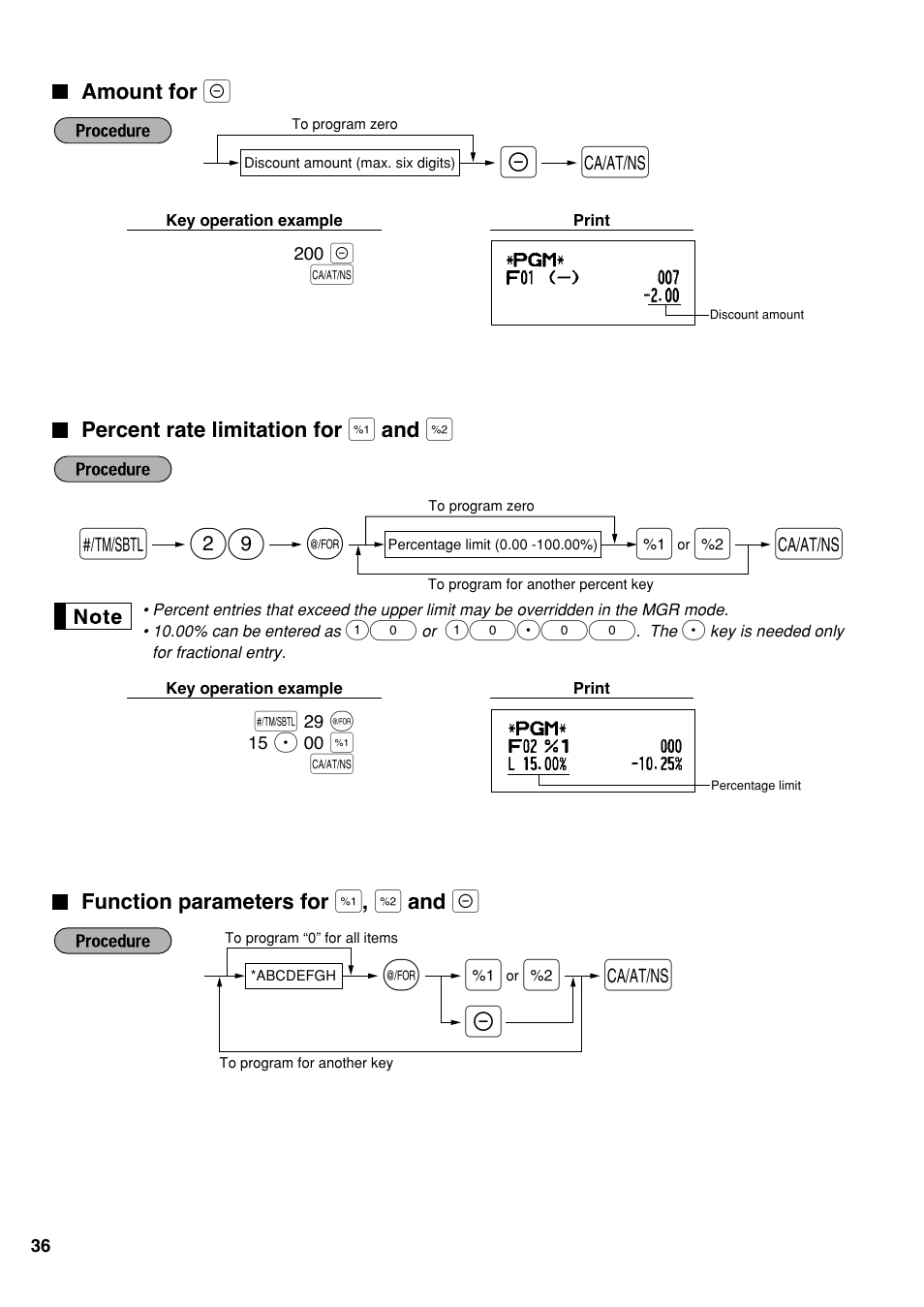 Amount for, Percent rate limitation for [%] and [%2, Function parameters for %, [%2] and | Percent rate limitation for, Function parameters for, S@ 29 | Sharp electronic cash register XE-A20S User Manual | Page 38 / 108